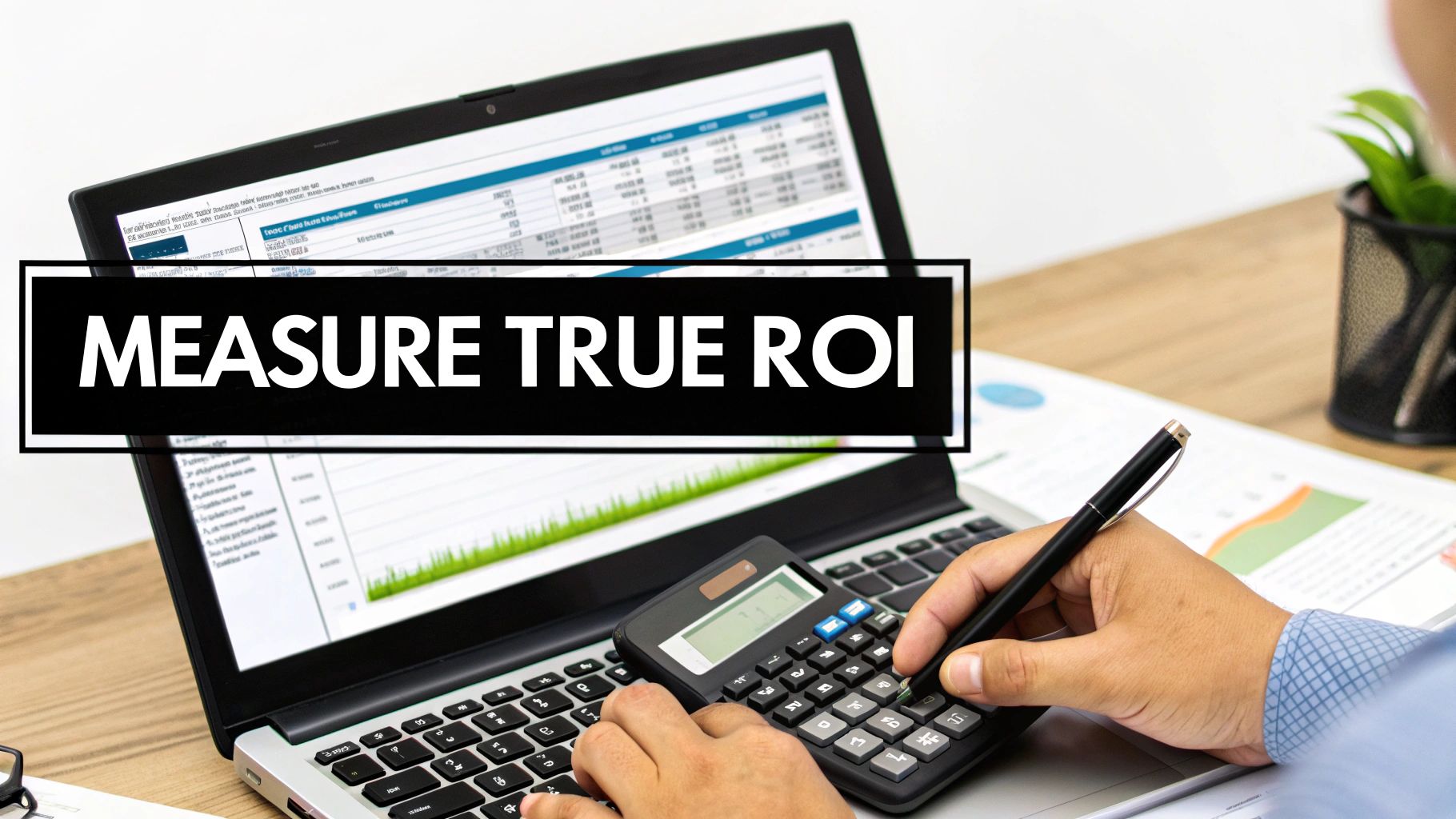 A person calculates ROI on a laptop with a calculator, displaying 'MEASURE TRUE ROI'.