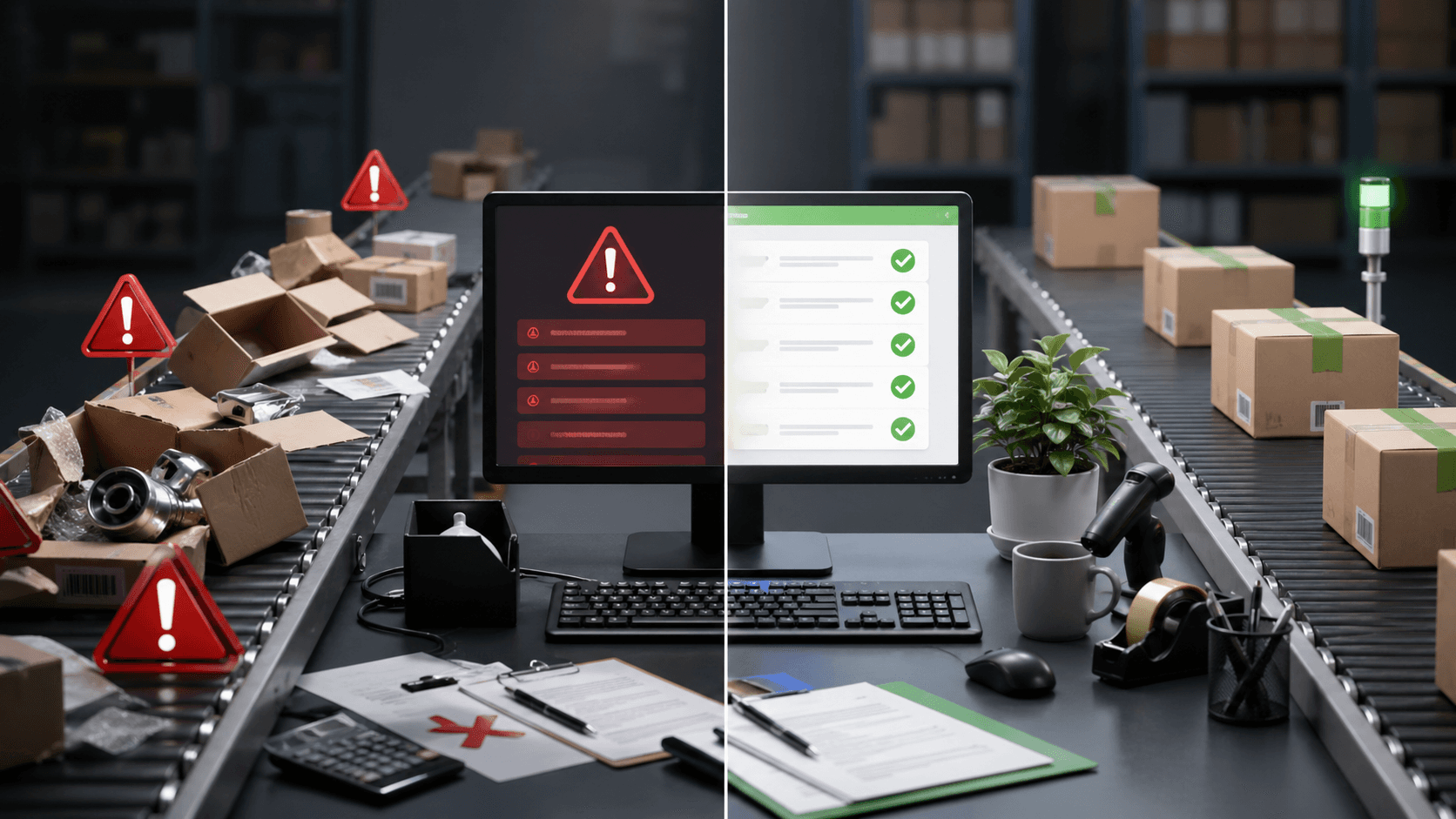 Cena em estilo 3D realista mostrando um ambiente de operação logística dividido ao meio: de um lado, desorganização com caixas abertas, itens errados espalhados e alertas visuais de erro; do outro, processo organizado com caixas bem embaladas seguindo por uma esteira, interface digital com checklist validado e ambiente limpo, representando correção e eficiência na integração de pedidos.