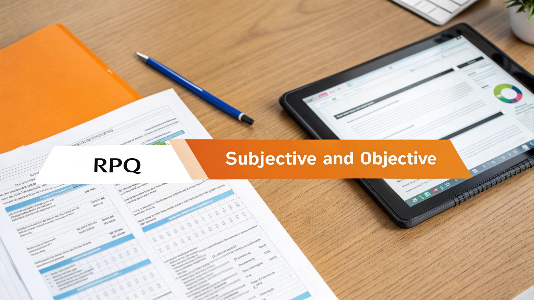 Desk with papers, pen, tablet, and text overlays 'RPQ' and 'Subjective and Objective'.