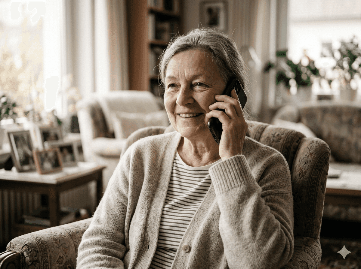 Ältere Frau sitzt gemütlich auf dem Sofa zuhause und telefoniert.​​​​​​​​​​​​​​​​