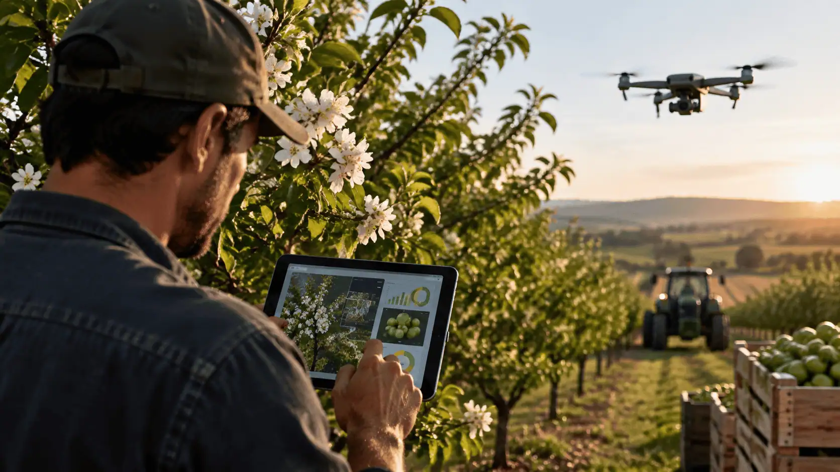Agricultor usa tablet com dados de inteligência artificial em pomar florido, representando o uso de IA no agronegócio para prever colheitas e otimizar a produção agrícola.