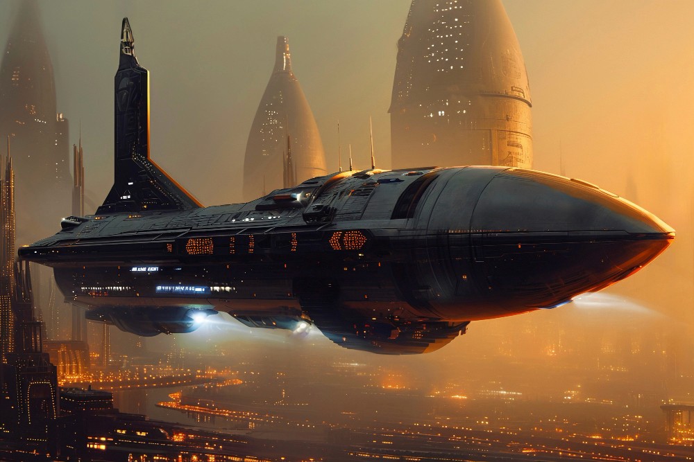 A large, dark futuristic spaceship flying over a glowing city at sunset