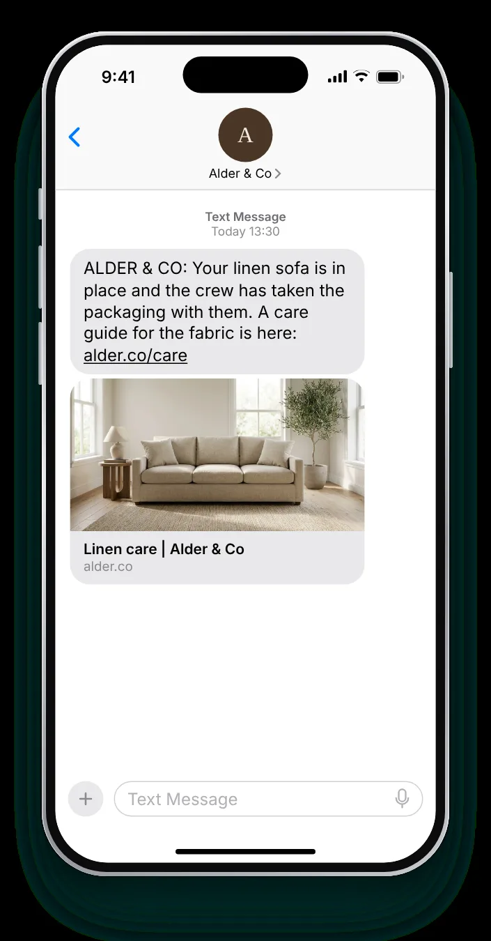 Furniture set up, packaging gone delivery confirmation text on an iPhone
