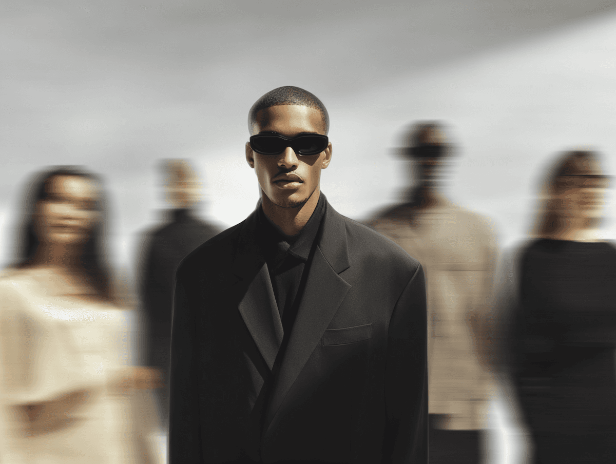 Tall Black man in black oversized suit and dark sunglasses, blurred figures background.