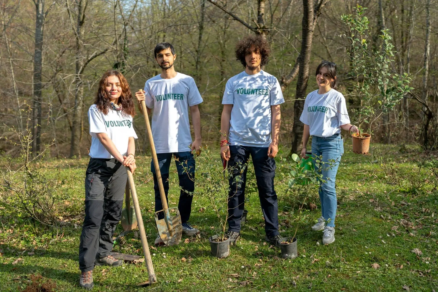 Team of young people volunteering in the park, working together to plant trees and improve society.