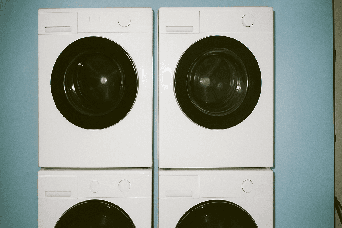 Commercial front-load washers stacked in a laundromat with a light blue wall background, showcasing modern laundry equipment for high-volume laundromat operations
