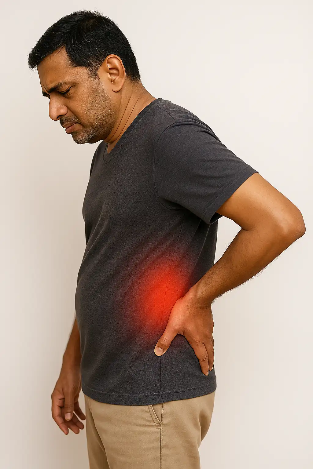 Man with lower back pain holding his hip area, showing symptoms of core weakness and slouching posture issues.