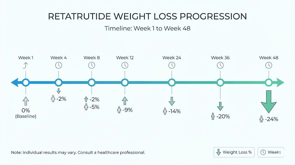 Retatrutide weight loss timeline week by week results chart