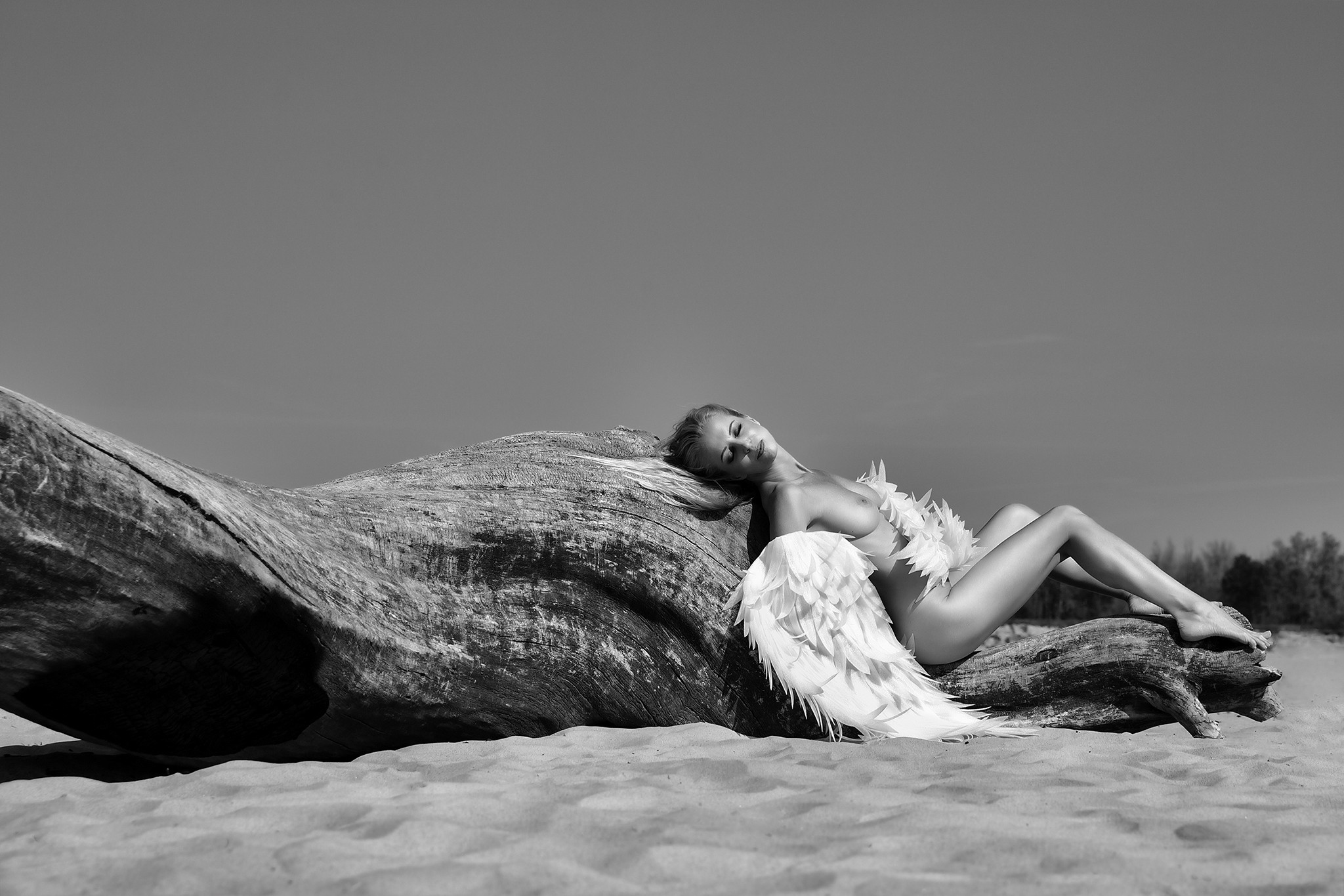 Woman lying on driftwood on beach, melancholic posture, open landscape — Wings series by Agnieszka Czyzkowska
