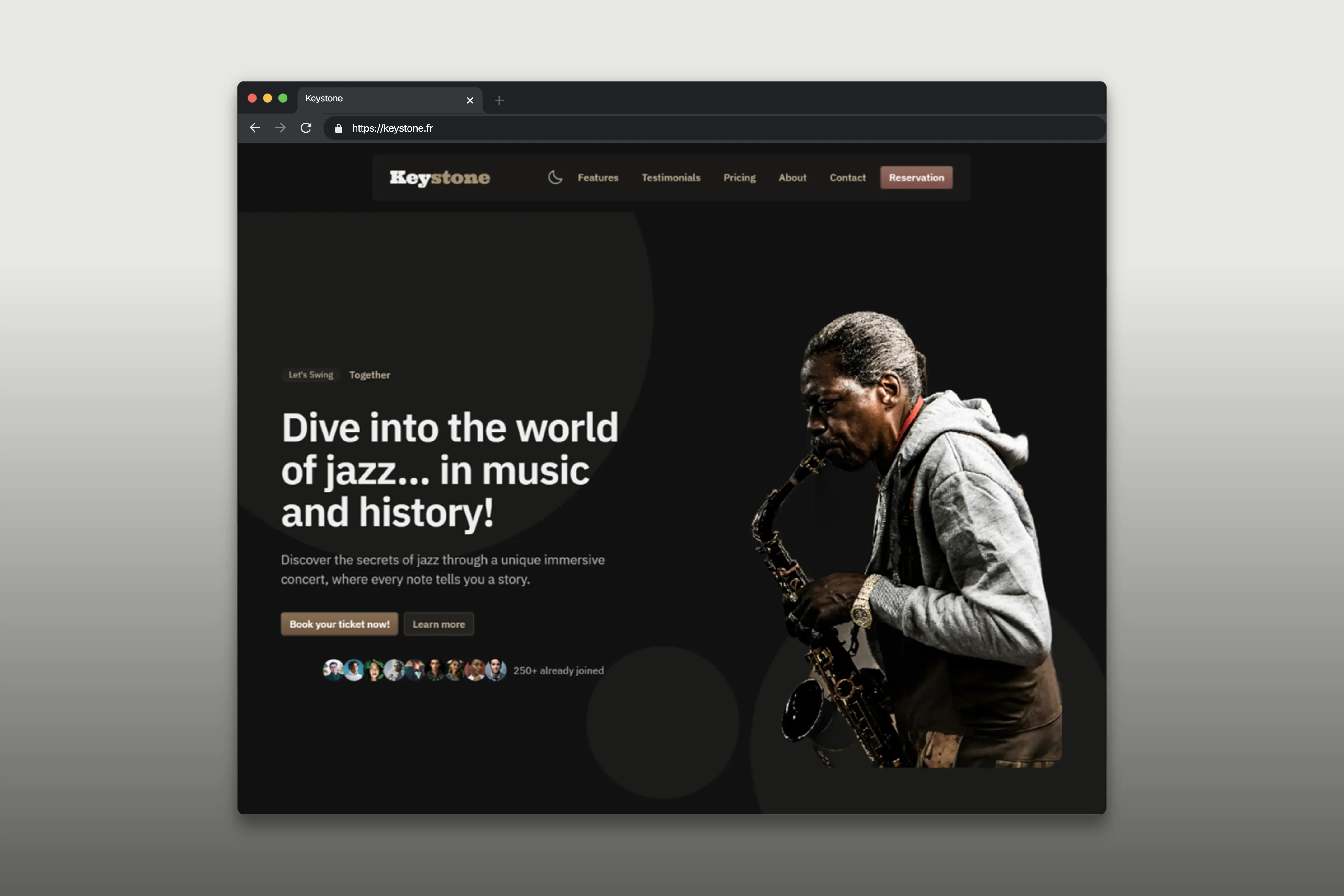A person passionately plays a saxophone on a dark-themed webpage for Keytone, promoting an immersive jazz concert experience with a focus on music and history.