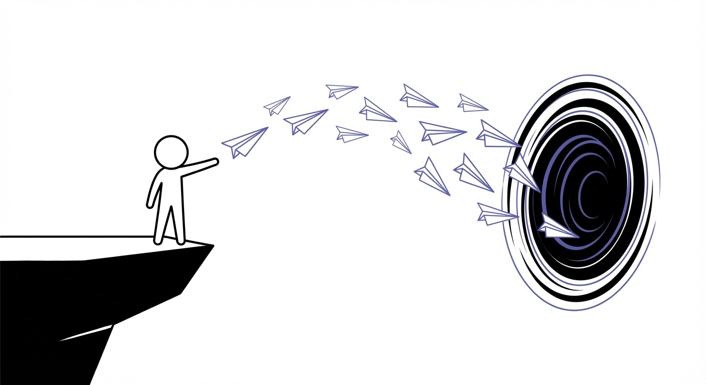 A stick-figure sales representative throwing paper airplanes into a black hole, representing ineffective email outreach.