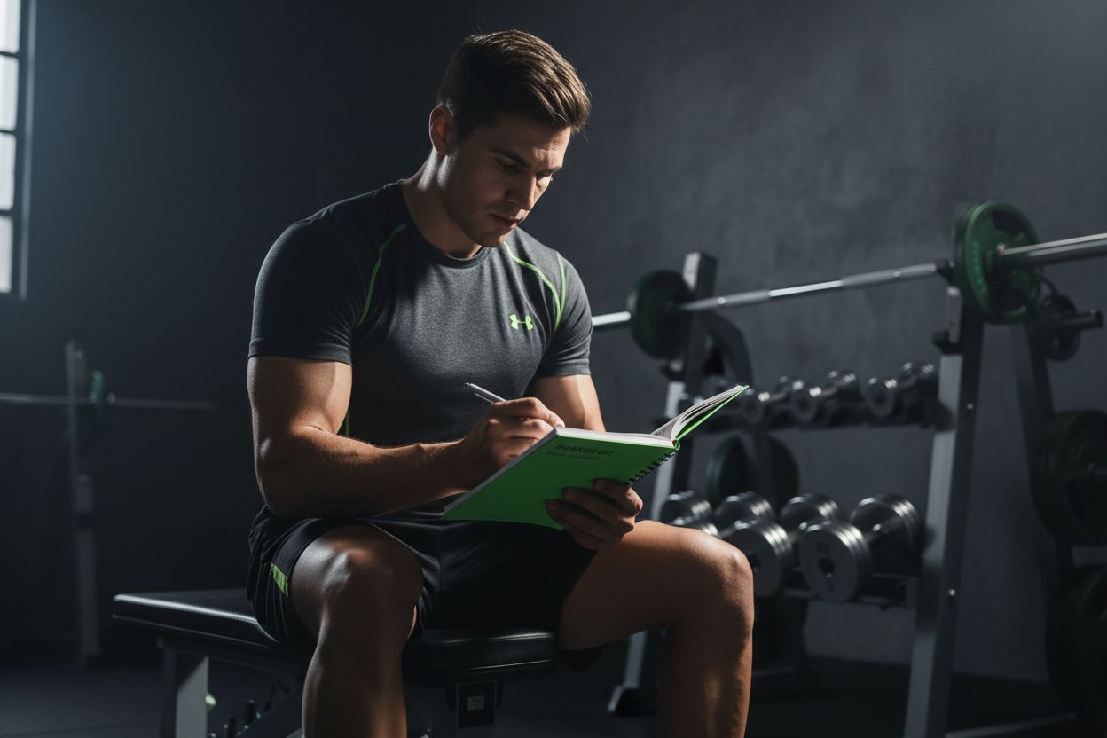 Person writing workout details in a notebook at the gym
