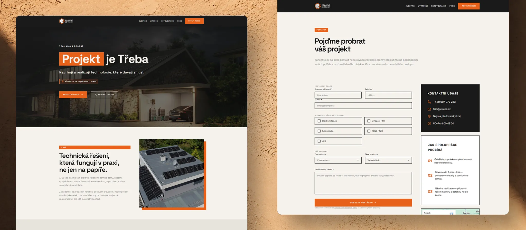 Moderní webdesign a tvorba rychlého webu pro řemeslníka z Karlových Varů nabízejícího solární technologie.