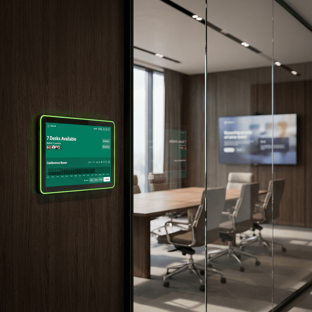 Ein Android Raumdisplay am Meetingraum zeigt Verfügbarkeit im anny Buchungssystem als frei