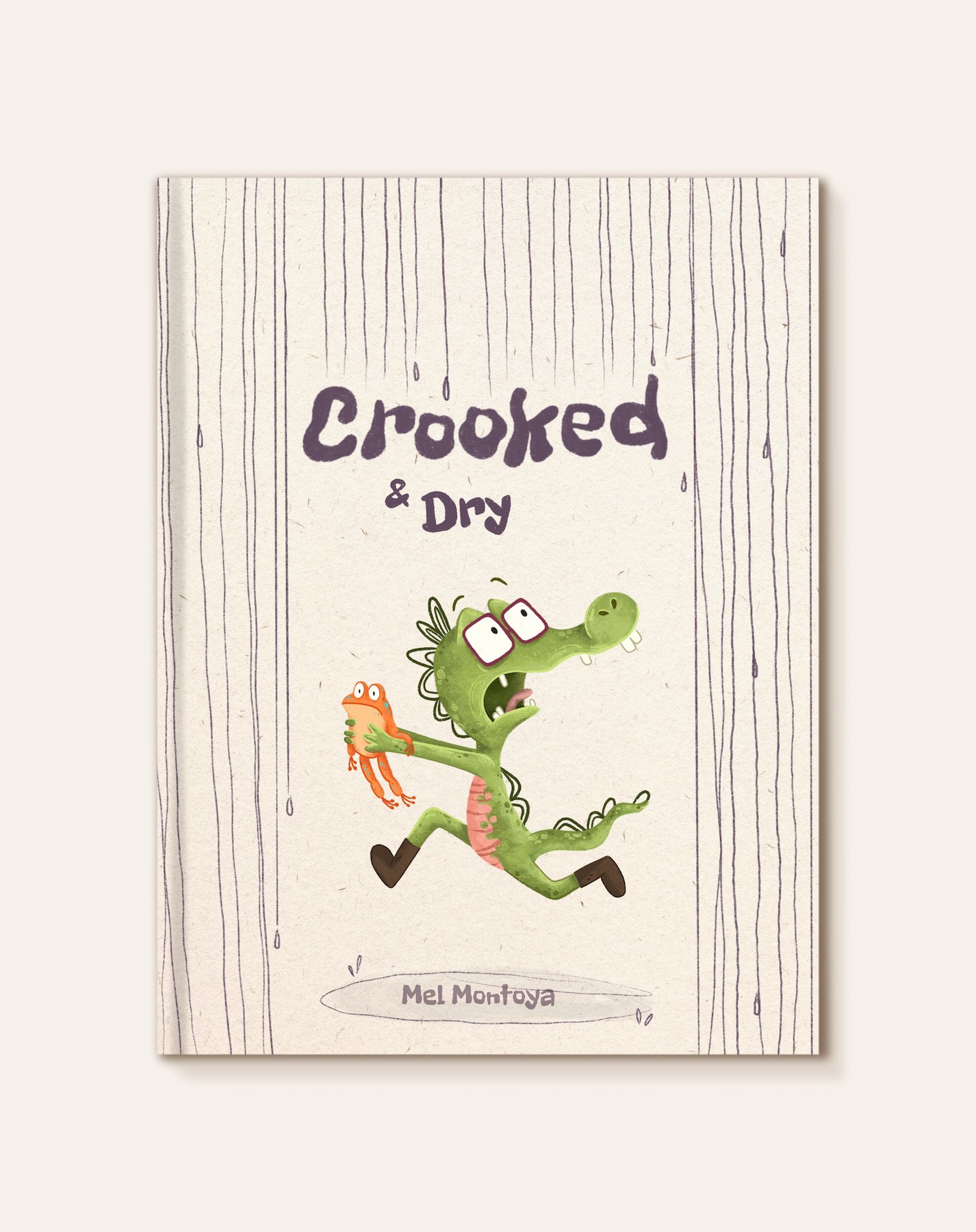 A frightened crocodile running through the rain while holding a frog.