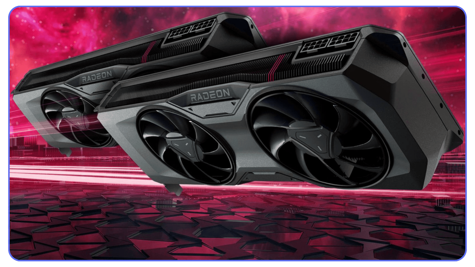 Two AMD Radeon GPUs floating in a futuristic red environment with stylized lighting.
