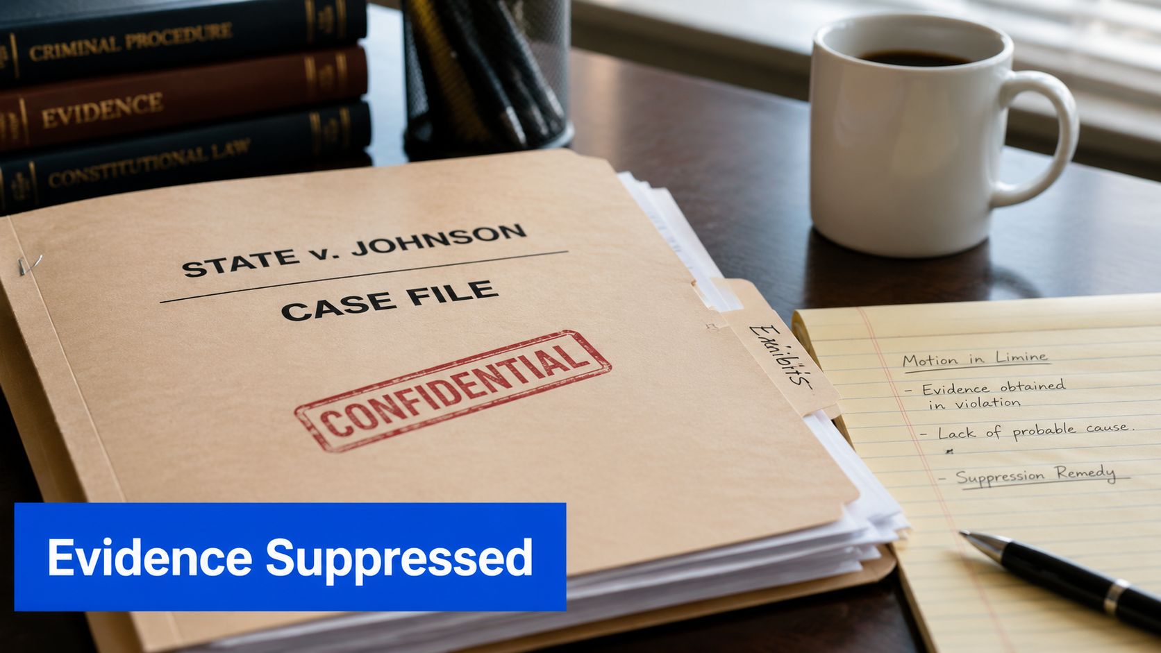 A legal case file labeled State v. Johnson sits on a desk with a motion in limine.