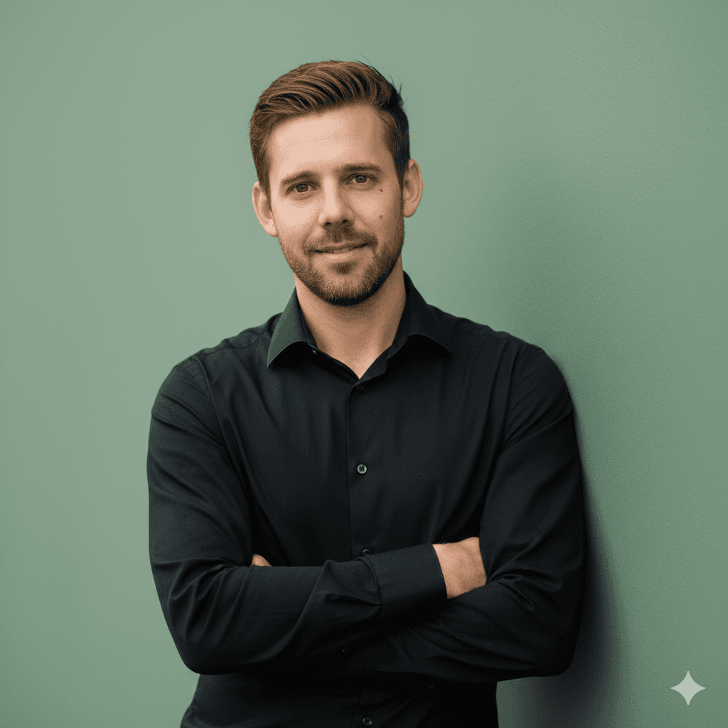 A smiling woman with her arms crossed, standing against a dark green background. She has long, dark hair.