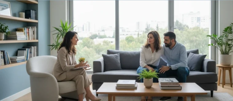 באנר רחב המציג זוג הורים בשיחת ייעוץ מקצועית בקליניקה מוארת ומודרנית. ההורים יושבים על ספה אפורה ונוחה, ומולם יועצת חייכנית היושבת על כורסה מעוצבת ומדברת אליהם באמפתיה. הרקע כולל ספרייה עם ספרים, עציצים ירוקים וחלון גדול המכניס אור יום רך, המשרה אווירה של אמון, שיתוף פעולה ותמיכה מקצועית.