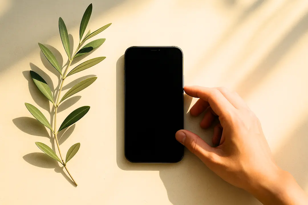 Hand greift zu ausgeschalteten Smartphone