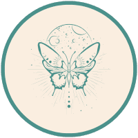 Teal line illustration of a butterfly inside a circle