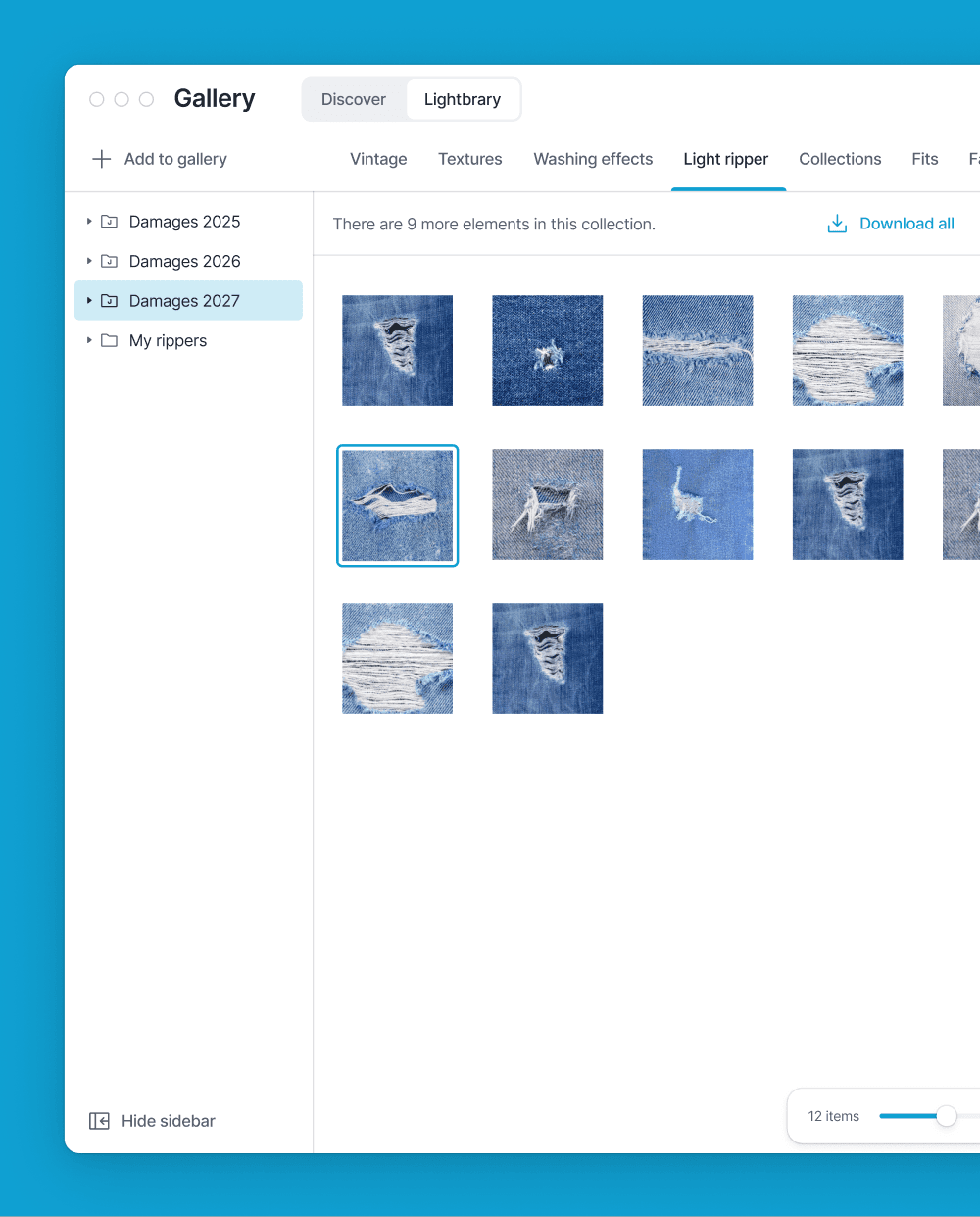 Design of the gallery modal showing several presets inside the denim design software