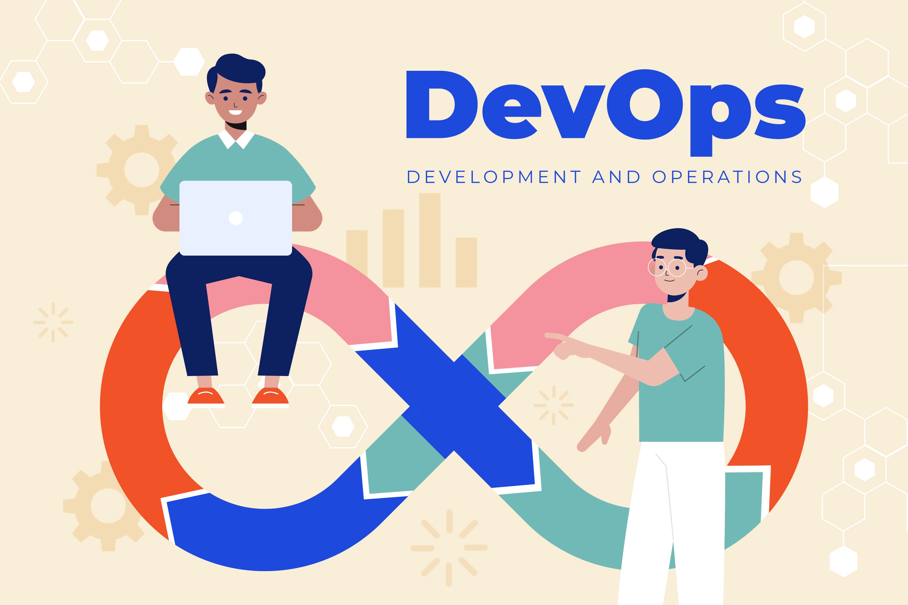 Two developers collaborating on DevOps infinity symbol, illustrating Transition to DevOps culture for continuous development and operations.