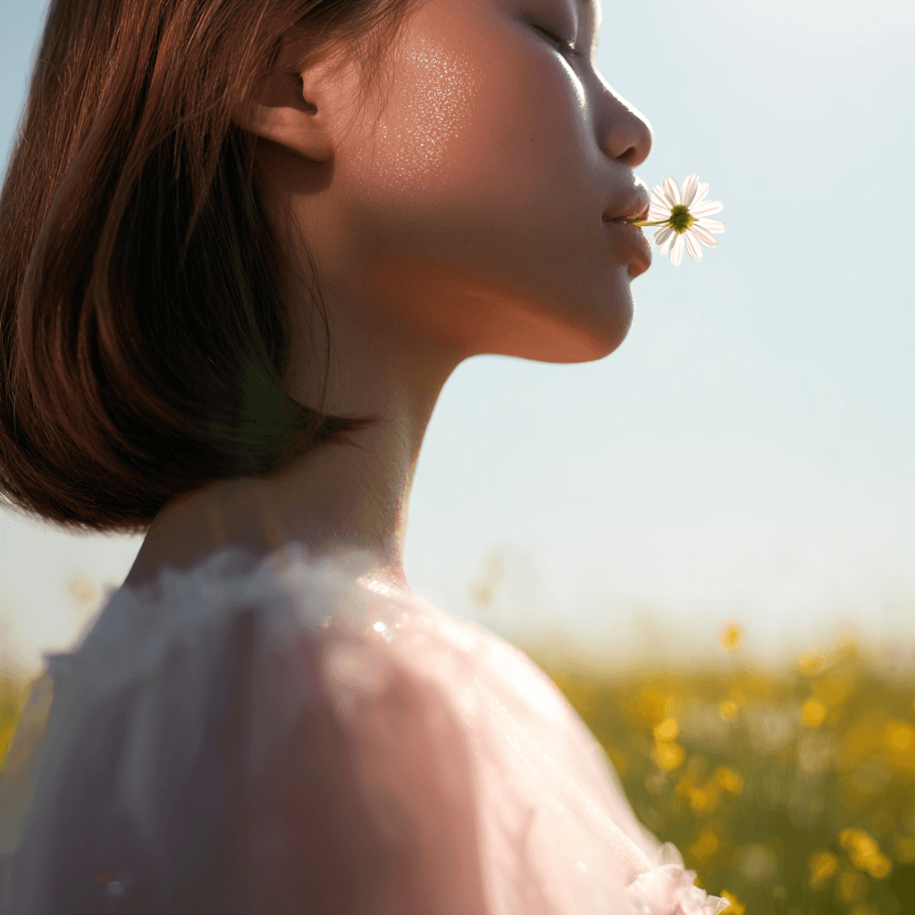 Women standing with flower in green field portrait