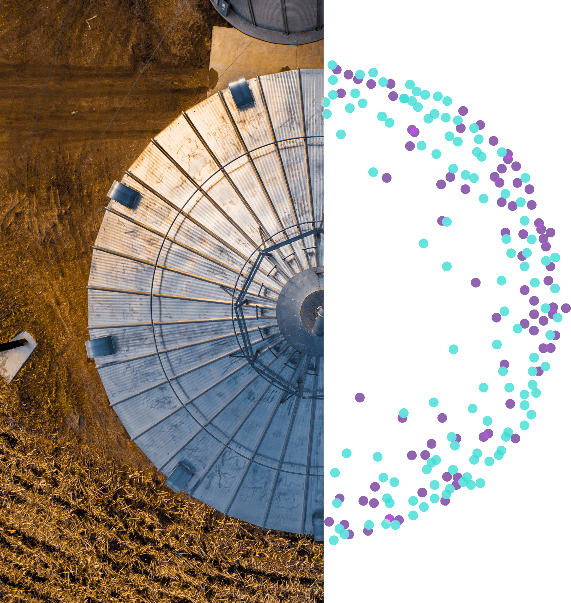 Top view of grain silo blending into data visualization with purple and blue dots