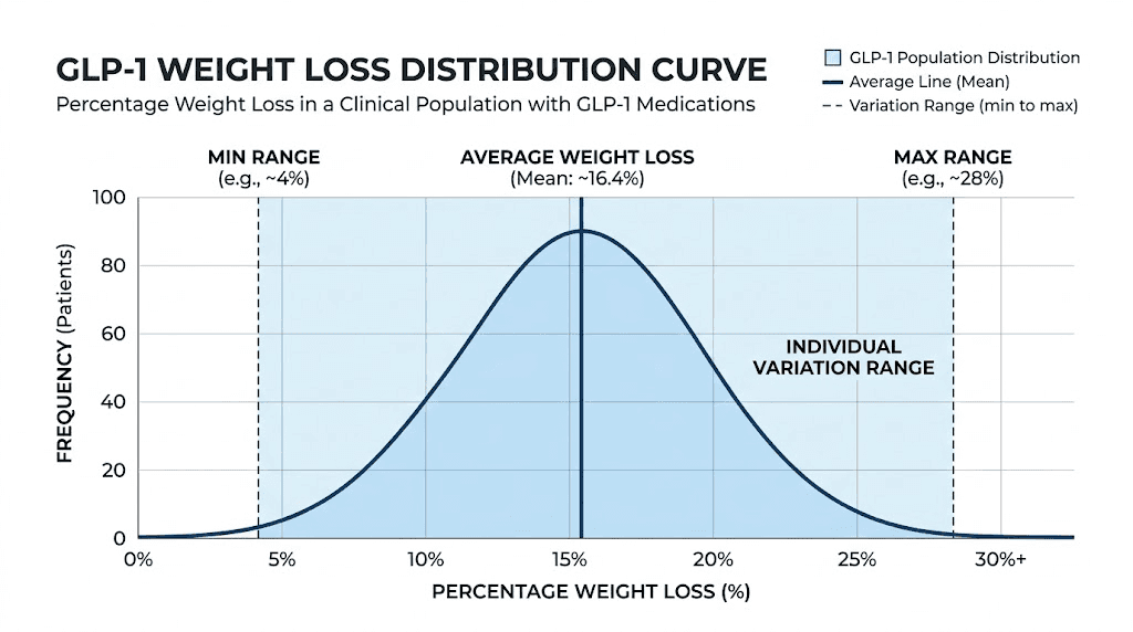 GLP-1 average weight loss distribution showing individual variation from clinical trials