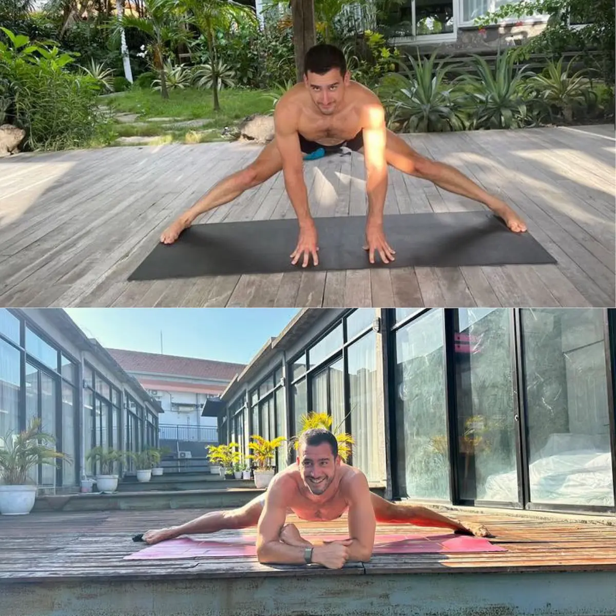 Male student demonstrating massive flexibility improvement in straddle splits, touching chest to floor after training.