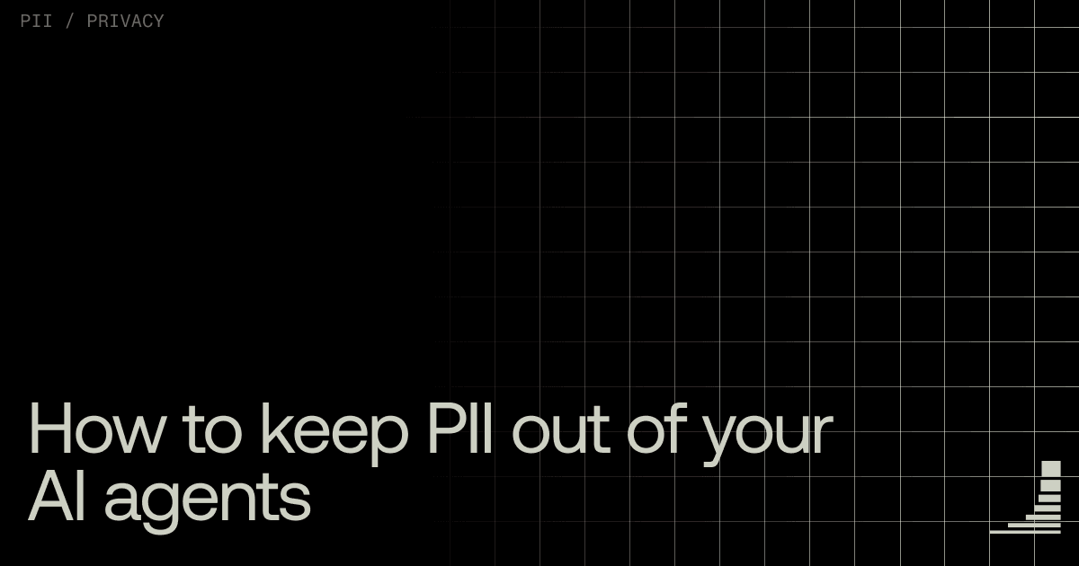 Black blog cover image with subtle grid pattern. Category label reads "PII / PRIVACY" in the upper left. Large headline text reads "How to Keep PII Out of Your AI Agents." Waxell logo in the bottom right corner.