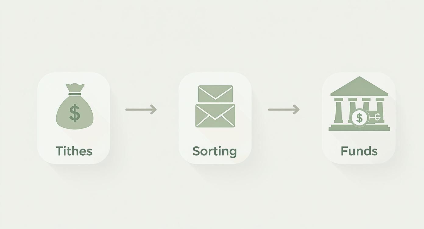 Three-step process showing tithes collection, sorting distribution, and funds management for church financial operations