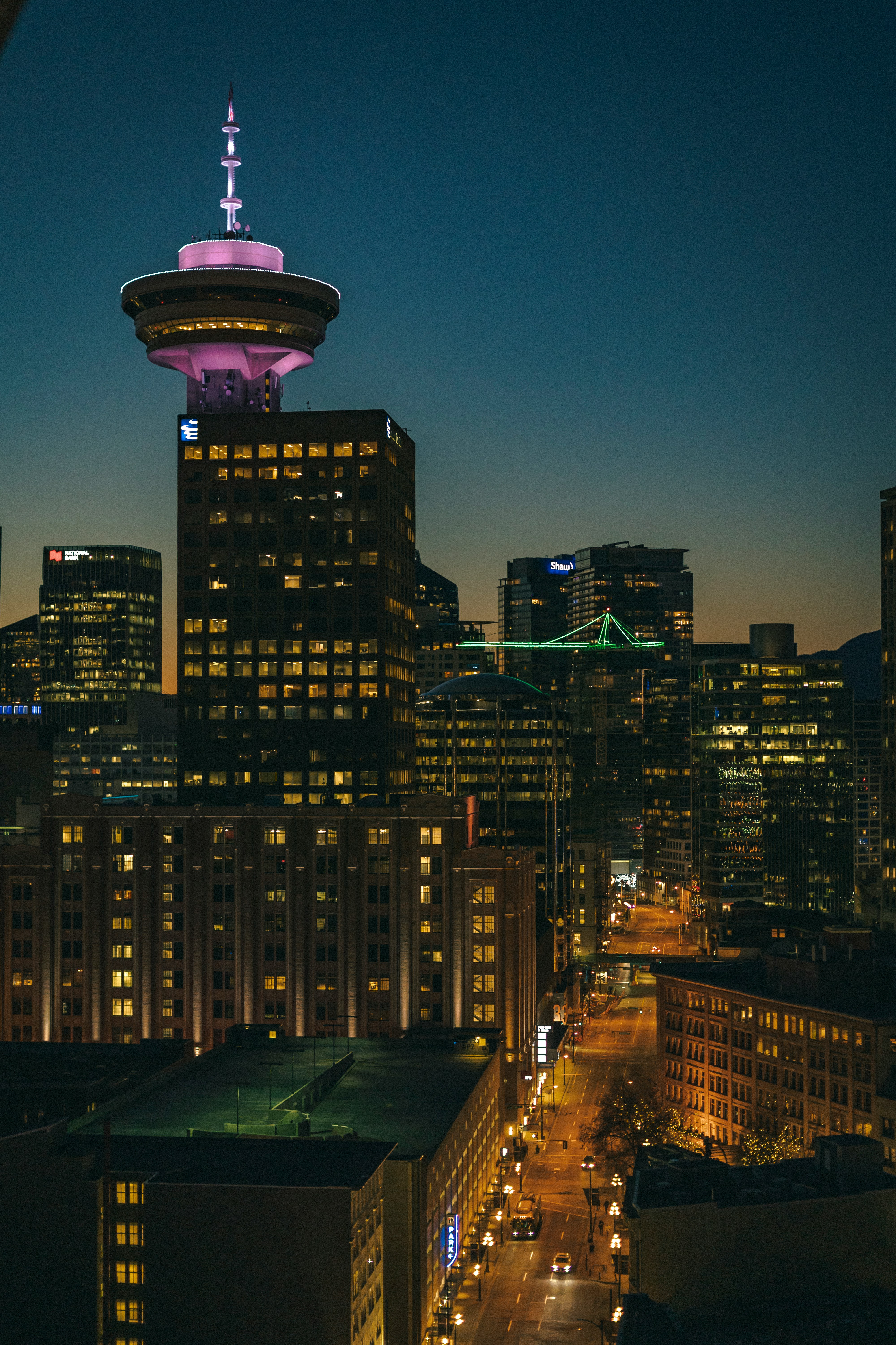 city skyline during night time
