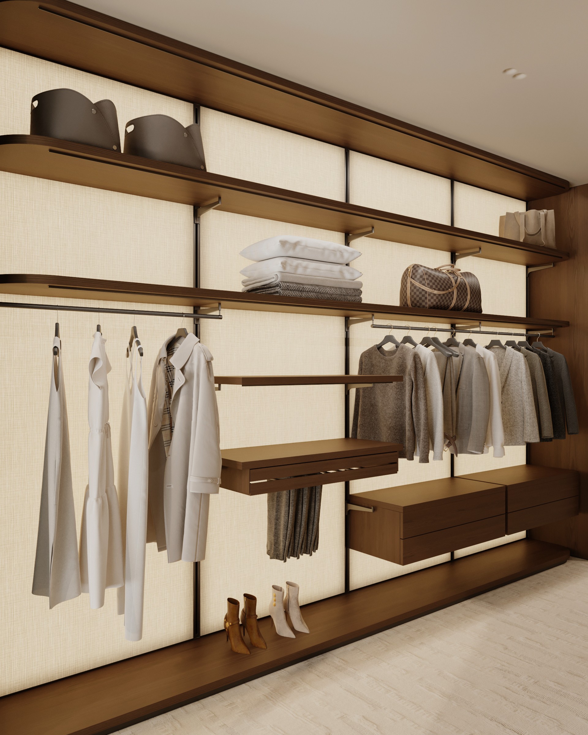 A modern, minimalistic closet with wooden shelves displaying neatly hung clothes and arranged storage boxes.