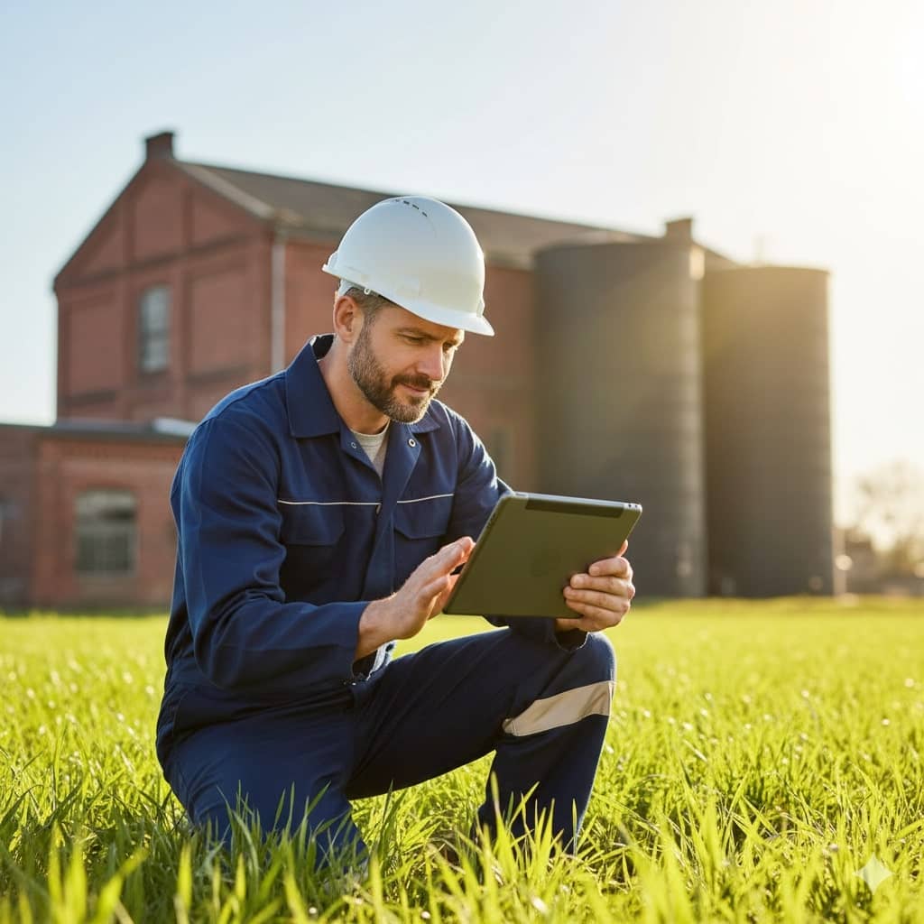 Un technicien en environnement portant un casque blanc et une combinaison de travail bleue, agenouillé dans un champ d'herbe verte et vive, consulte une tablette numérique. En arrière-plan, un bâtiment en brique rouge et des silos se découpent sous un ciel ensoleillé.