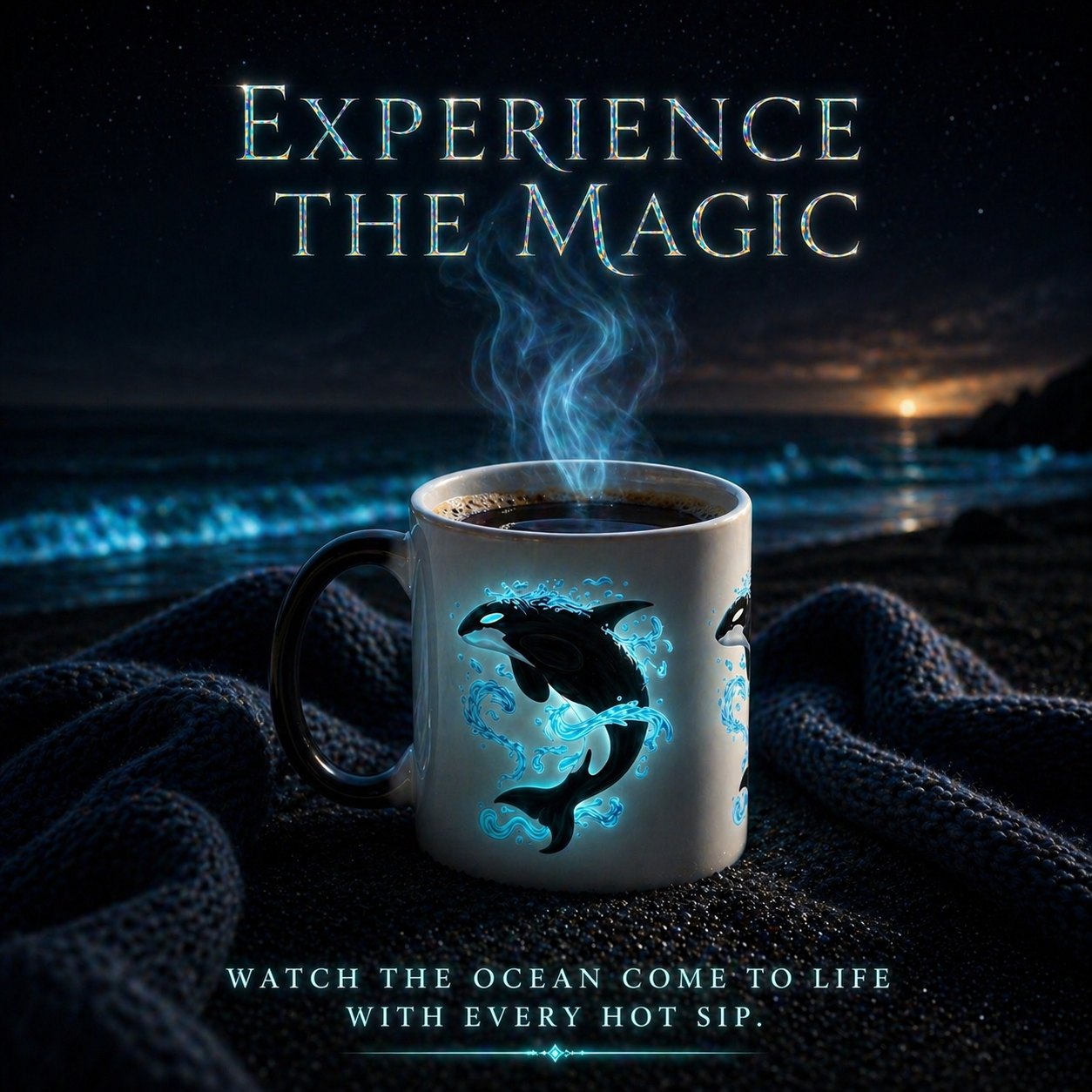 Orca mug with a glowing killer whale design, steaming on a dark beach at night: Experience the Magic, watch the ocean come to life with every hot sip