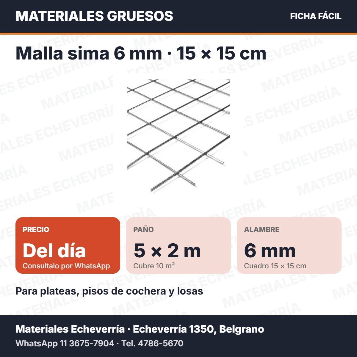 Ficha rápida de la malla sima 6 mm de 15 × 15 cm en paños de 5 × 2 m
