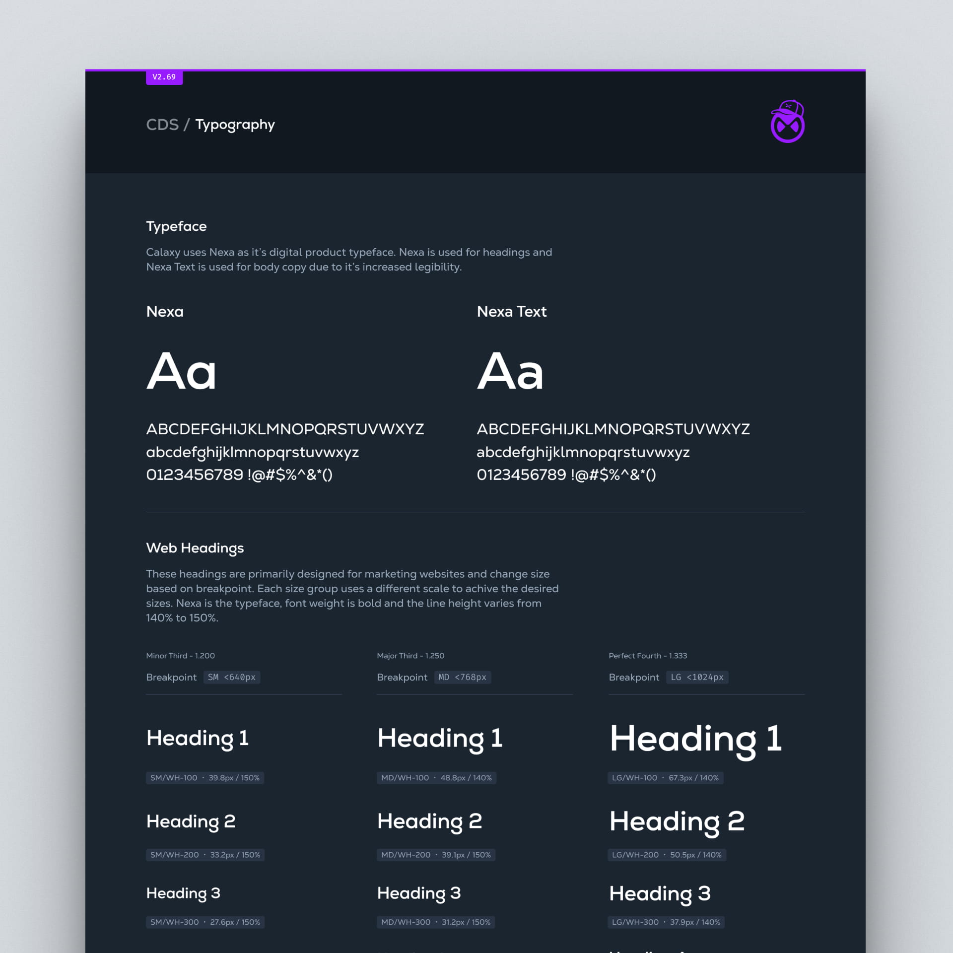 Calaxy Design System typography documentation - Nexa typeface for headings and Nexa Text for body copy with responsive web heading scales across SM, MD, and LG breakpoints