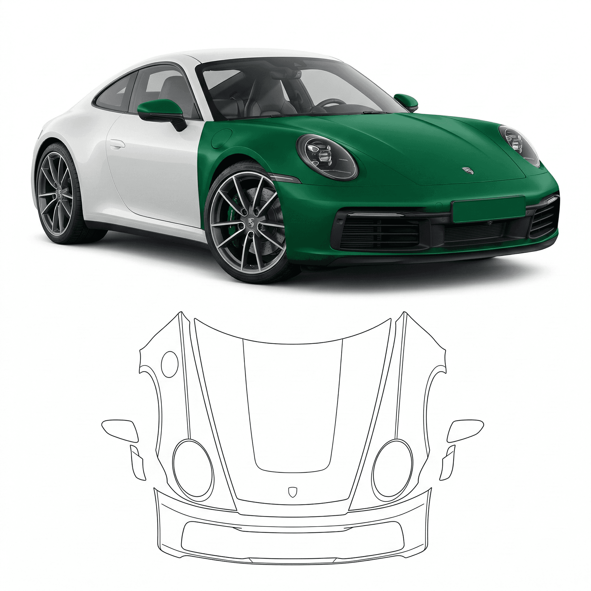 Fehér Porsche 911 sportautó grafikája, amely zöld színnel és vonalas ábrával mutatja be a Nortek 'Front' kővédő fólia (PPF) csomagjának lefedettségét. A láthatatlan védelem kiterjed az első lökhárítóra, a teljes motorháztetőre, az első sárvédőkre és a visszapillantó tükrökre.