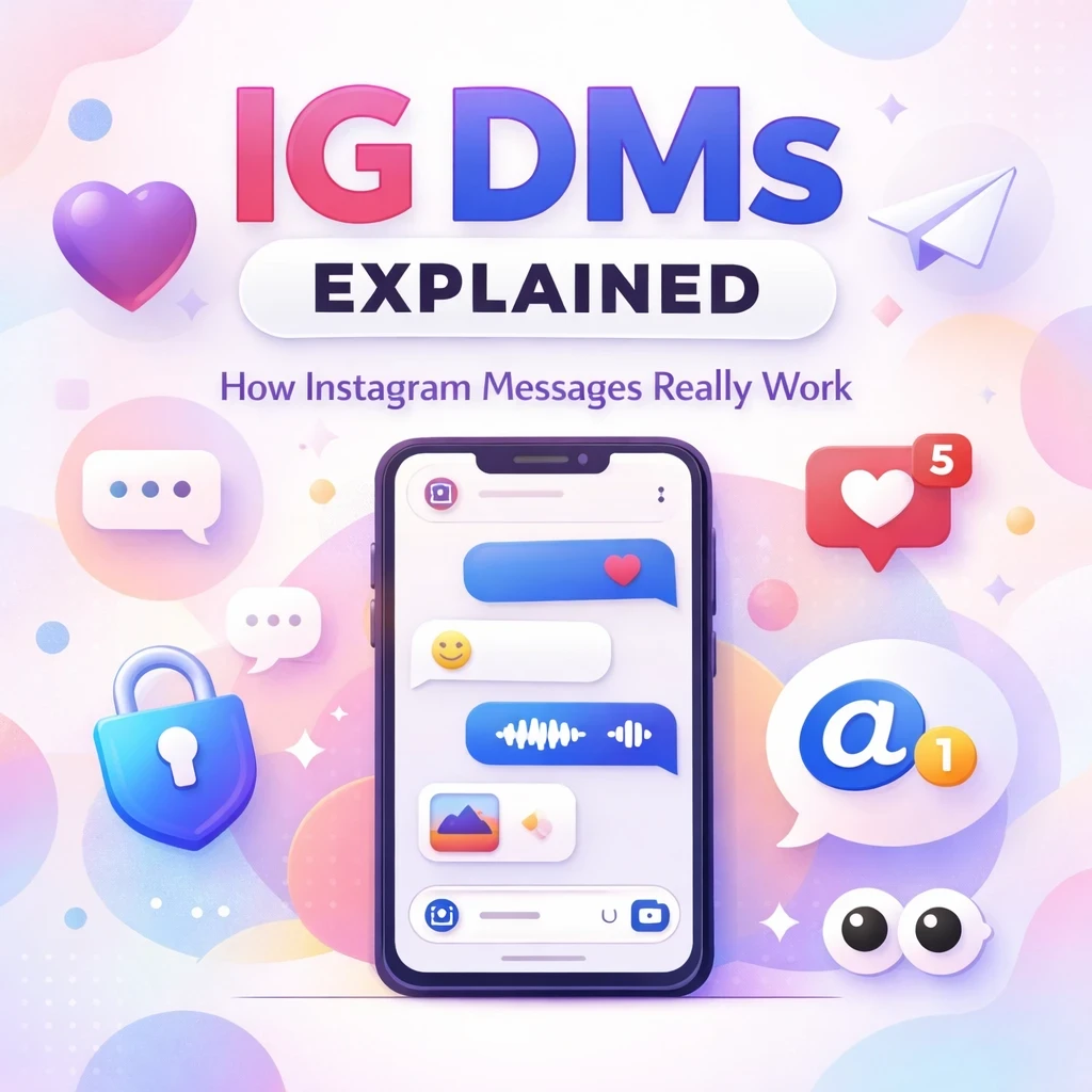 “Modern blog cover design for ‘IG DMs Explained: How Instagram Messages Really Work,’ featuring a smartphone with Instagram-style chat bubbles, emojis, heart notifications, lock and message icons, set on a light pastel background with soft gradients and a clean, professional UI/UX look.”
