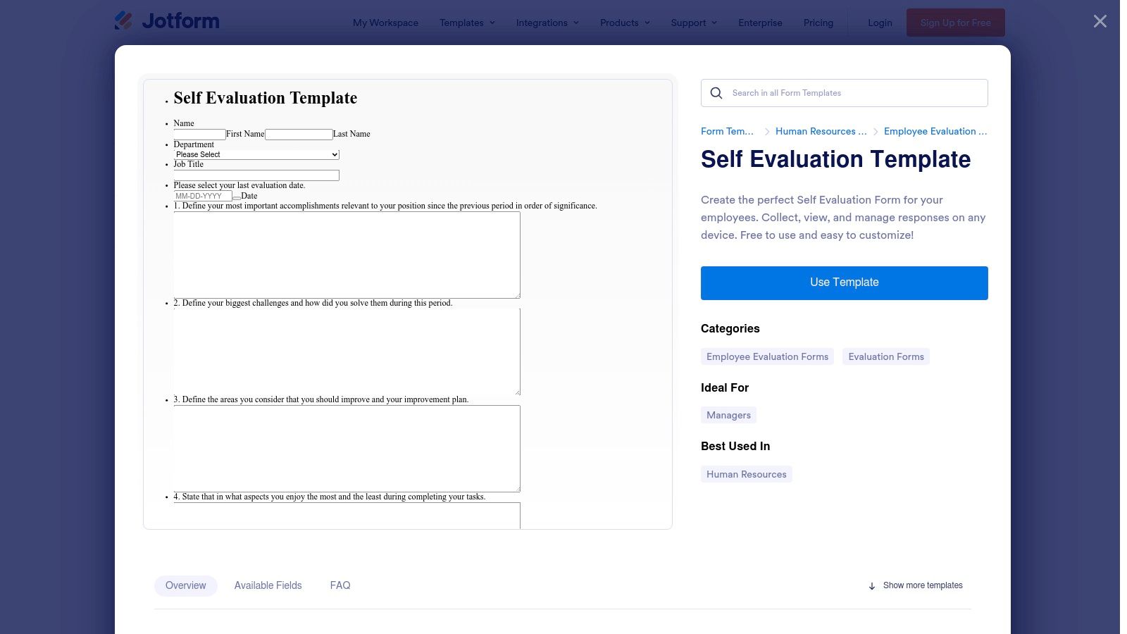 Jotform employee self evaluation form evaluation form