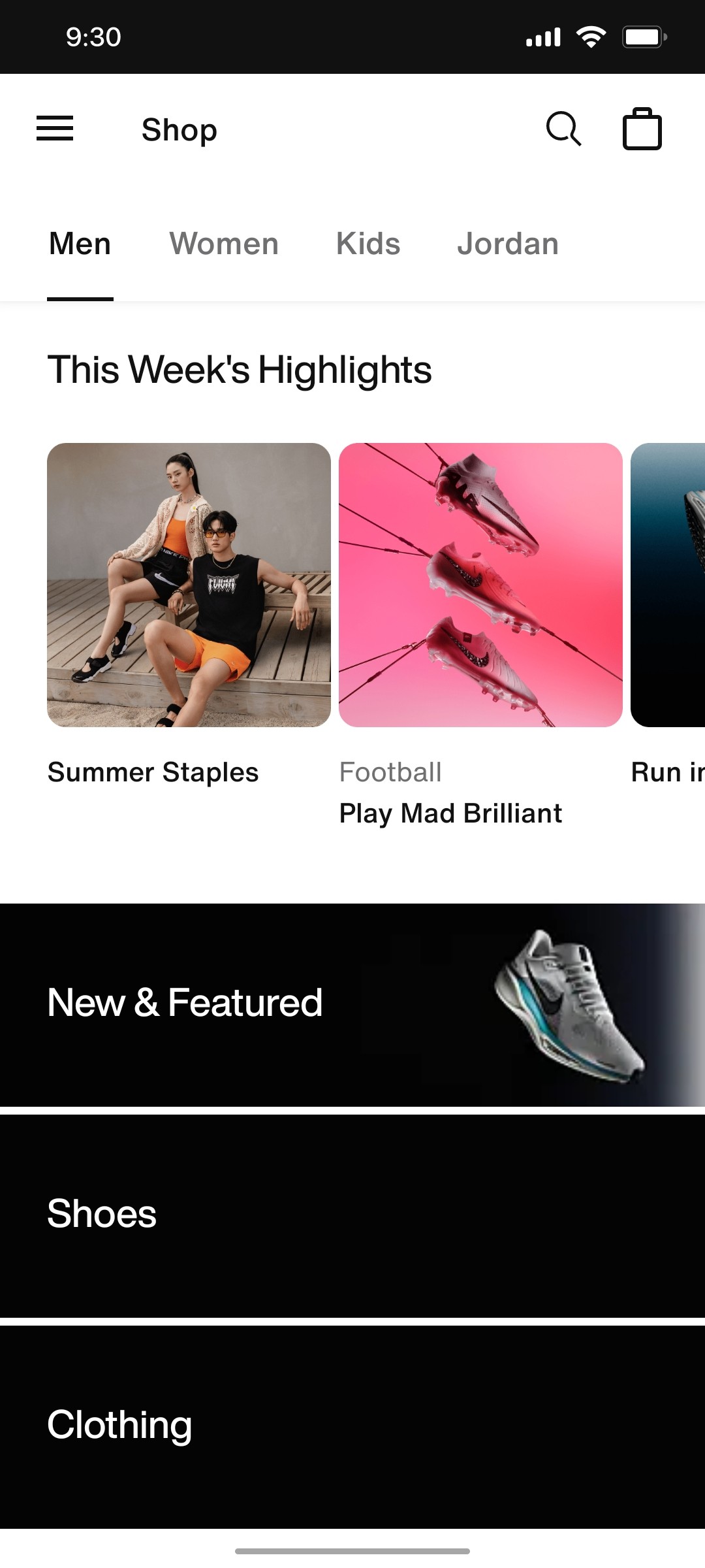 Nike App This weeks Highlits Screen