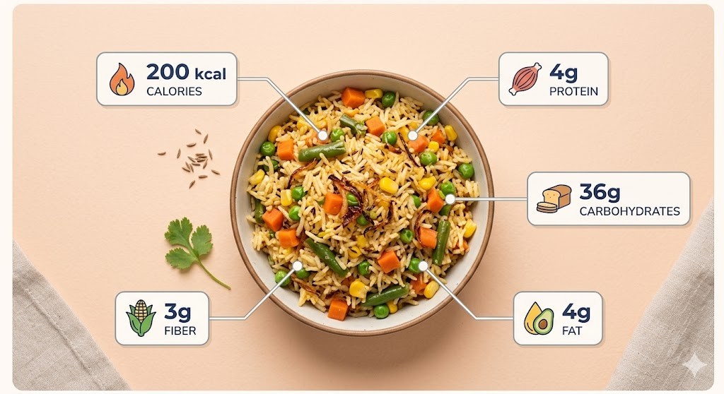 A top-down view of a ceramic bowl filled with Indian vegetable pulao, which is a mix of rice, peas, carrots, corn, and green beans. Minimalist informational panels with icons surround the bowl, displaying the nutritional values: 200 kcal for calories, 4g for protein, 36g for carbohydrates, 4g for fat, and 3g for fiber. Thin lines connect each panel to the relevant food group in the dish. A linen cloth and scattered spices like cumin seeds are also visible on the soft pastel peach background.