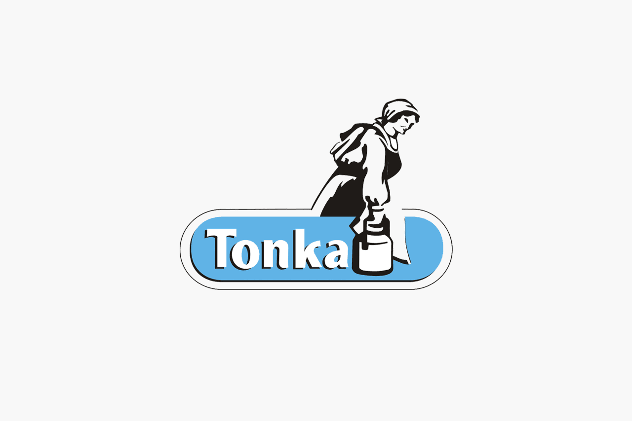 Tonka Logo. Illustration of a maid carrying milk in a container with a badge below containing words