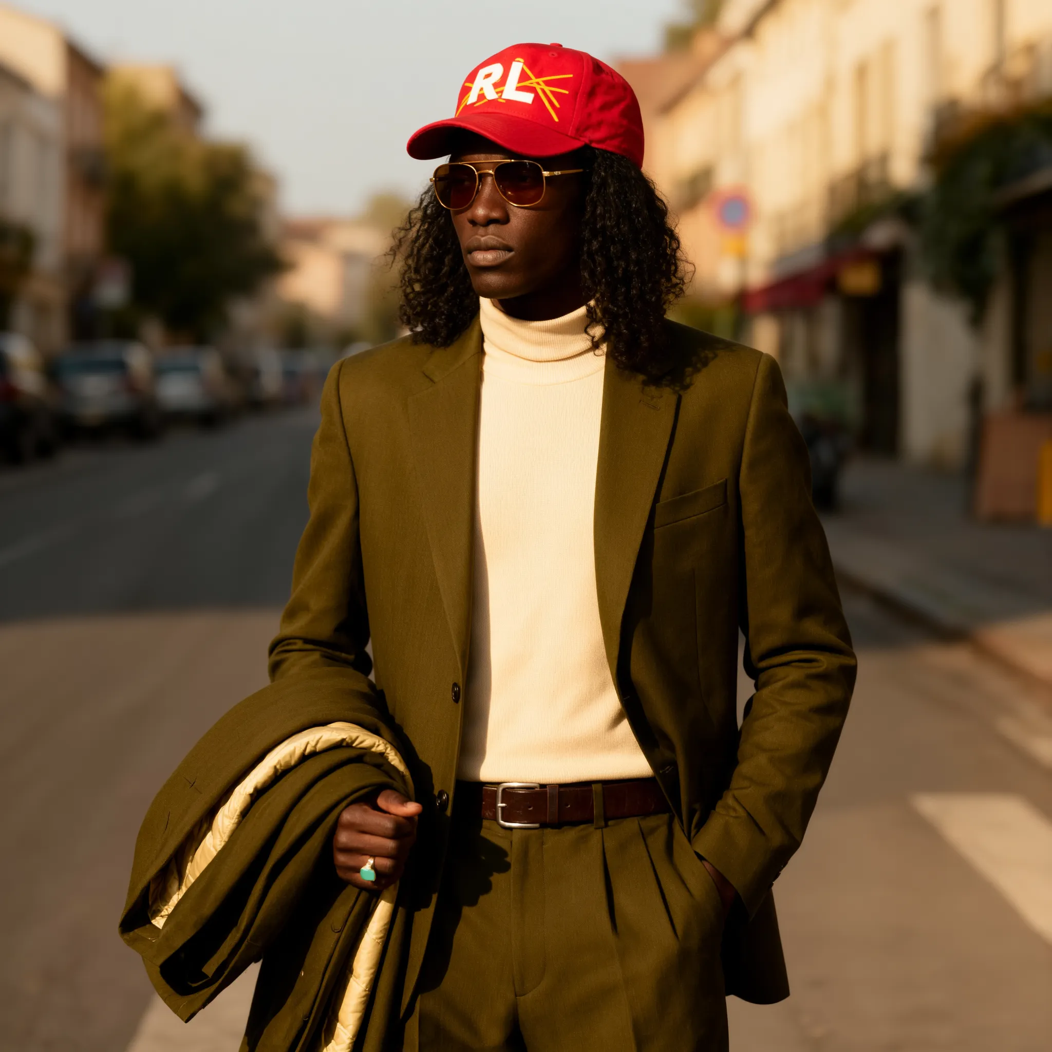 Männliches KI-Model in olivgrünem Anzug, hellem Rollkragen und roter Cap beim urbanen Street-Style-Shooting für eleganten, modernen Herbst-Fashion-Look.
