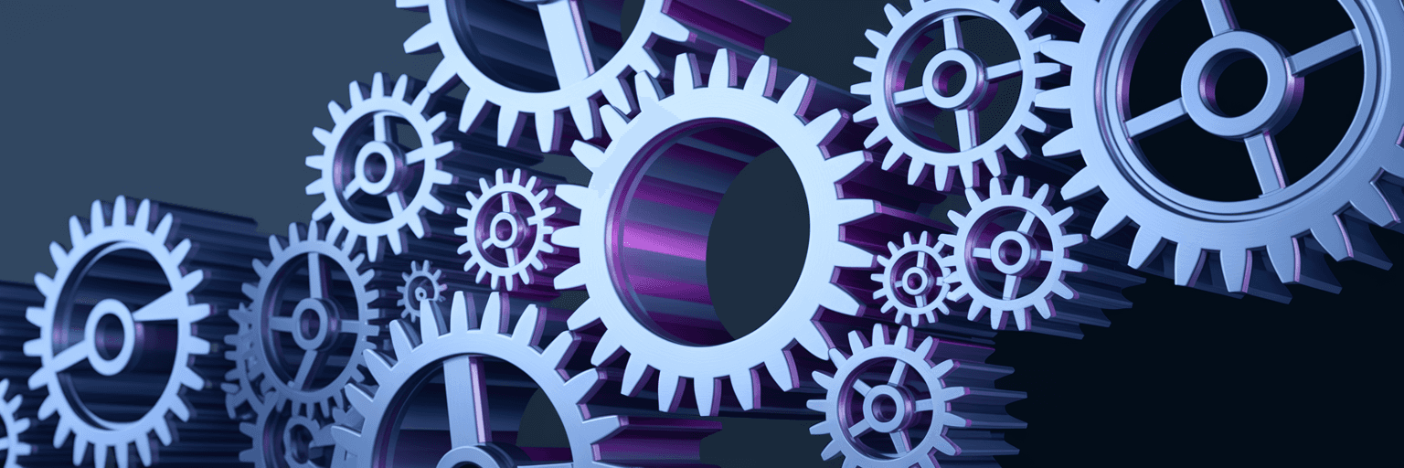 Interconnected gears turning with purple glow.