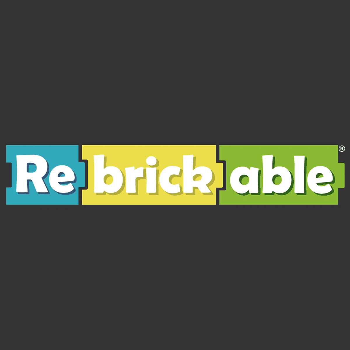 A dark square with the rebrickable logo, a text mark on blue, yellow and green blocks.