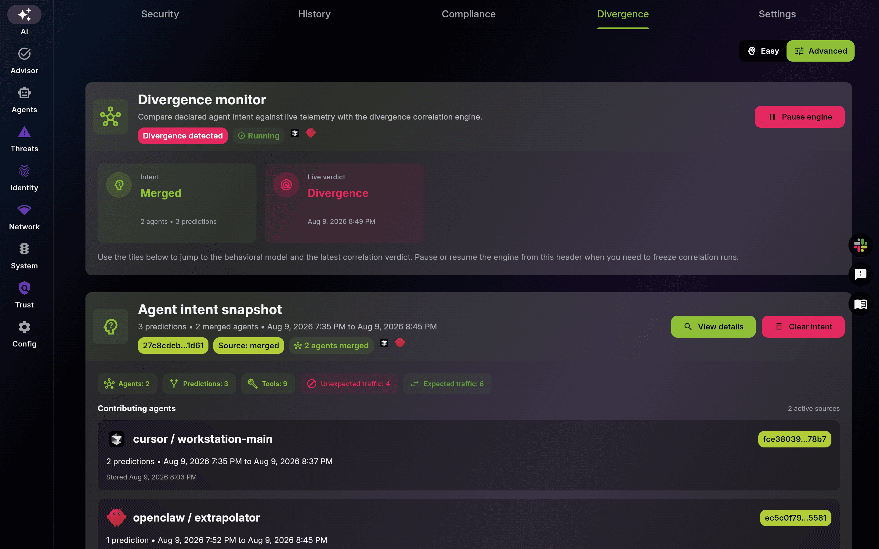 EDAMAME Security divergence monitor, advanced view: the agent's declared intent correlated against live host telemetry, with a divergence score and the underlying evidence trail