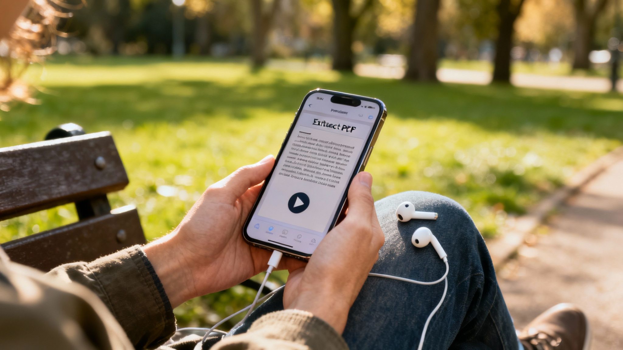 Speak4Me – A person using their smartphone to convert a PDF document, with a clean, modern app interface visible.